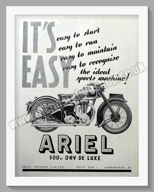 Ariel 500cc De Luxe Motorcycles. Original Advert 1947 (ref AD60472)