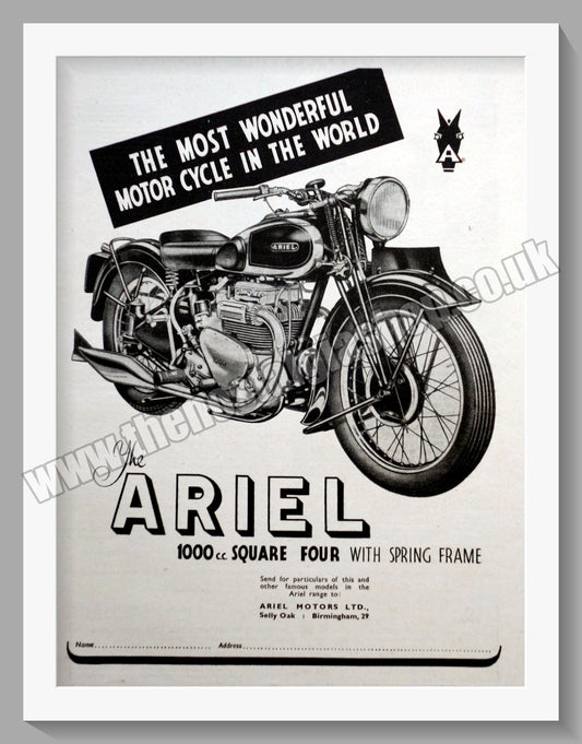 Ariel 1000cc Square Four Motorcycles. Original Advert 1940 (ref AD60481)