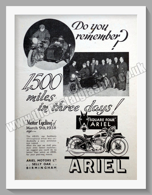 Ariel 1000cc Square Four Motorcycles. Original Advert 1943 (ref AD60482)