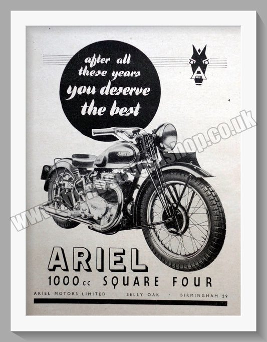 Ariel 1000cc Square Four Motorcycles. Original Advert 1946 (ref AD60485)
