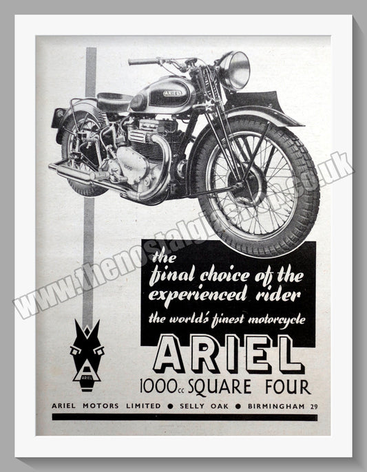 Ariel 1000cc Square Four Motorcycles. Original Advert 1946 (ref AD60487)