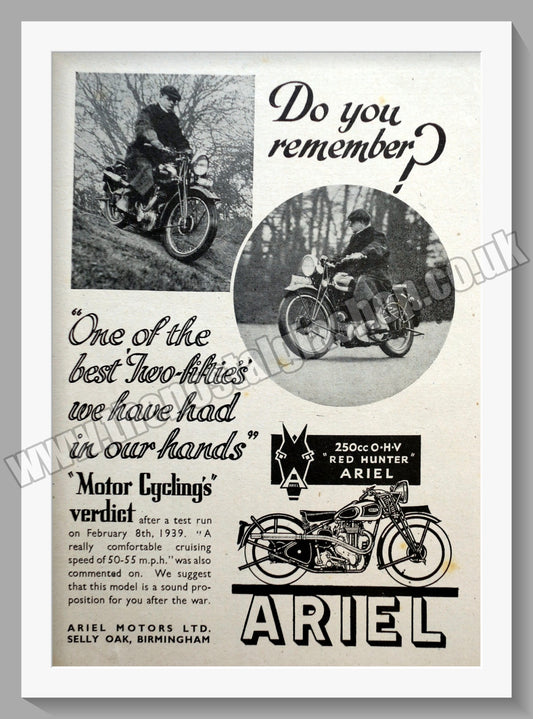 Ariel 250cc Red Hunter Motorcycle. Original Advert 1943 (ref AD60496)