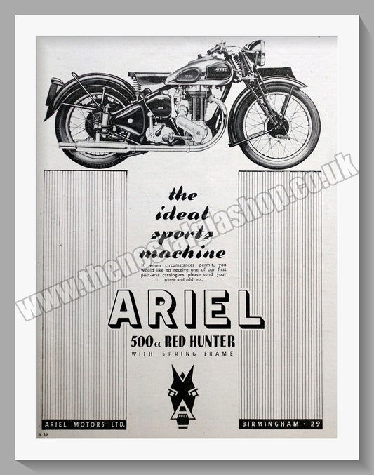 Ariel 500cc Red Hunter Motorcycle. Original Advert 1945 (ref AD60498)