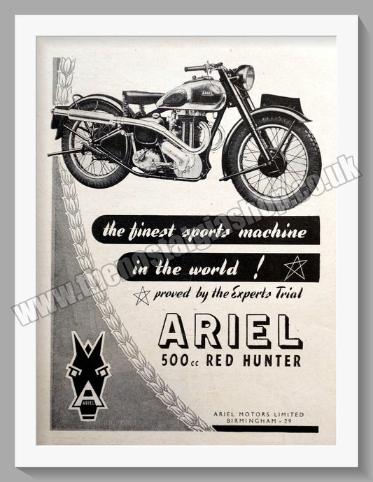 Ariel 500cc Red Hunter Motorcycle. Original Advert 1947 (ref AD60499)