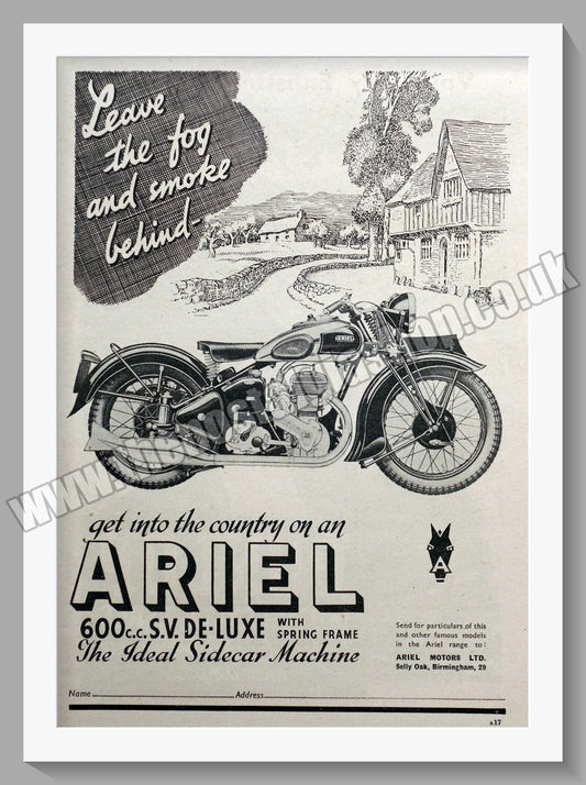 Ariel 600cc S.V. De Luxe Motorcycles. Original Advert 1940 (ref AD60516)