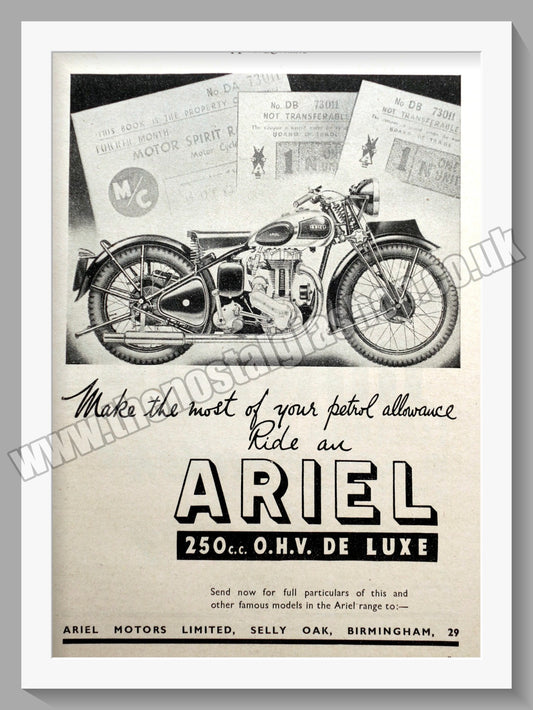 Ariel 250cc O.H.V. De Luxe Motorcycles. Original Advert 1940 (ref AD60517)