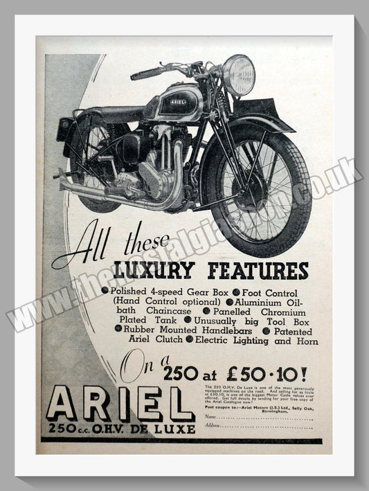 Ariel 250 O.H.V. De Luxe Motorcycles. Original Advert 1936 (ref AD60523)