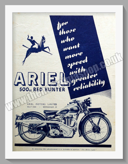 Ariel 500cc Red Hunter Motorcycles. Original Advert 1945 (ref AD60525)