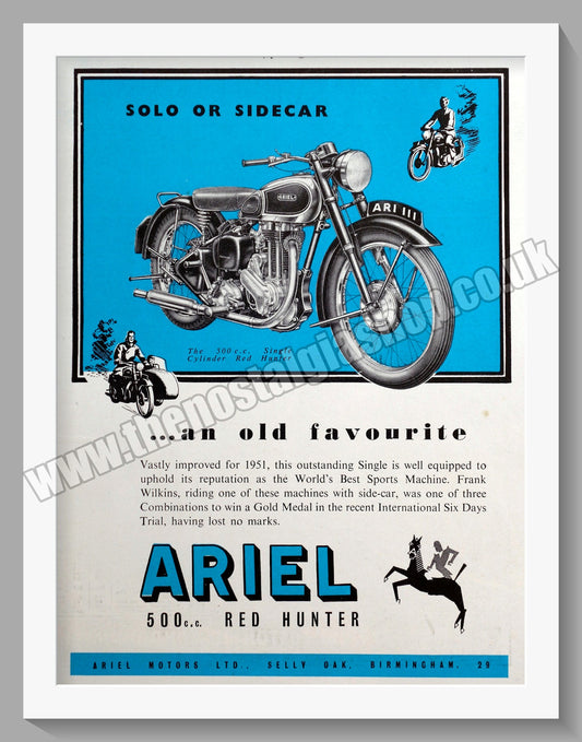 Ariel 500cc Red Hunter Motorcycles. Original Advert 1951 (ref AD60528)