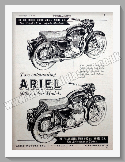 Ariel 500cc Twin Motorcycles. Original Advert 1956 (ref AD60545)