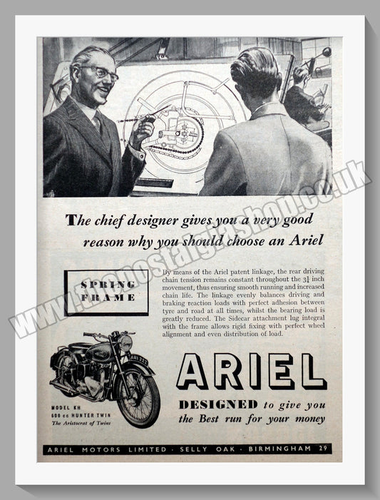 Ariel 500cc Red Hunter Motorcycle. Original Advert 1952 (ref AD60555)