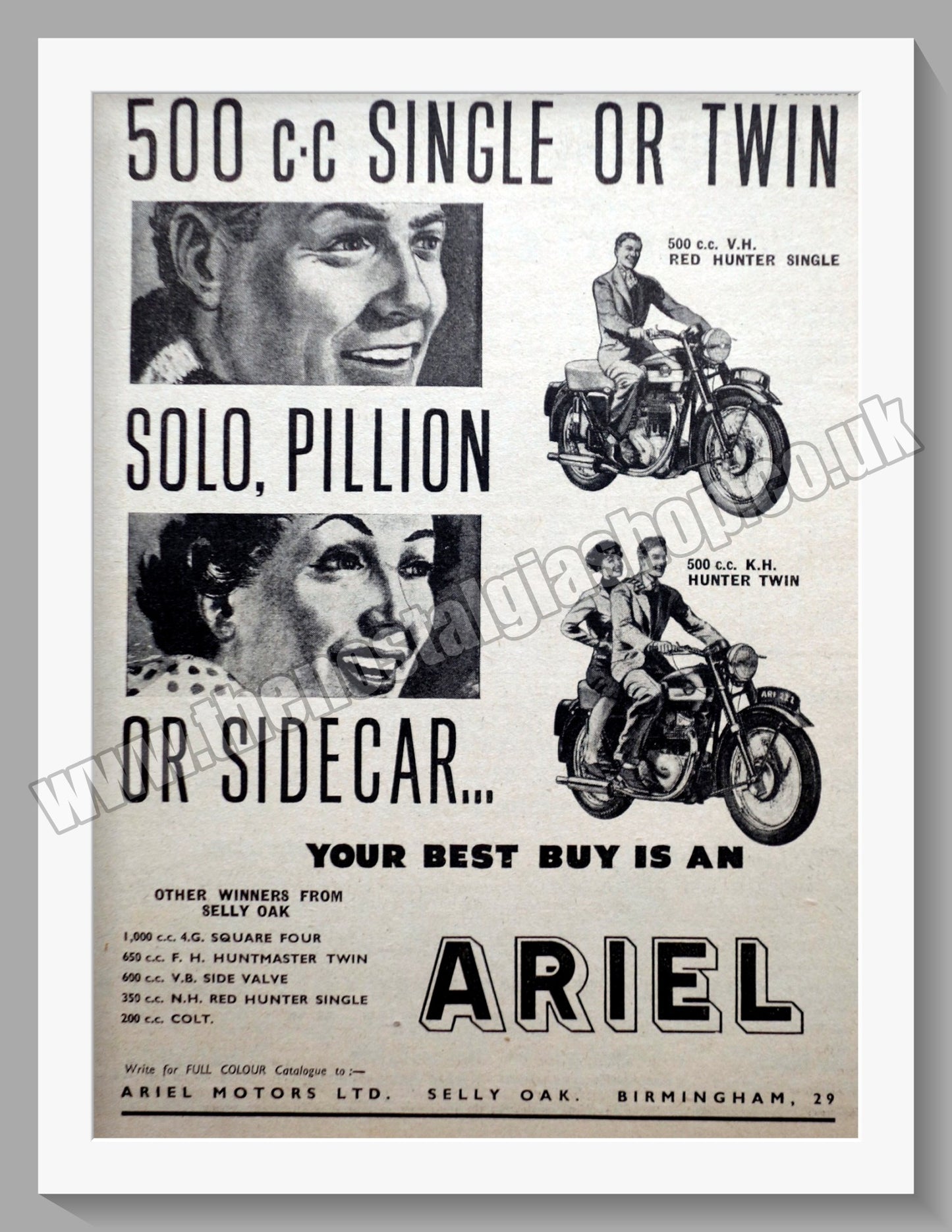Ariel 500cc Red Hunter Motorcycles. Original Advert 1955 (ref AD60557)