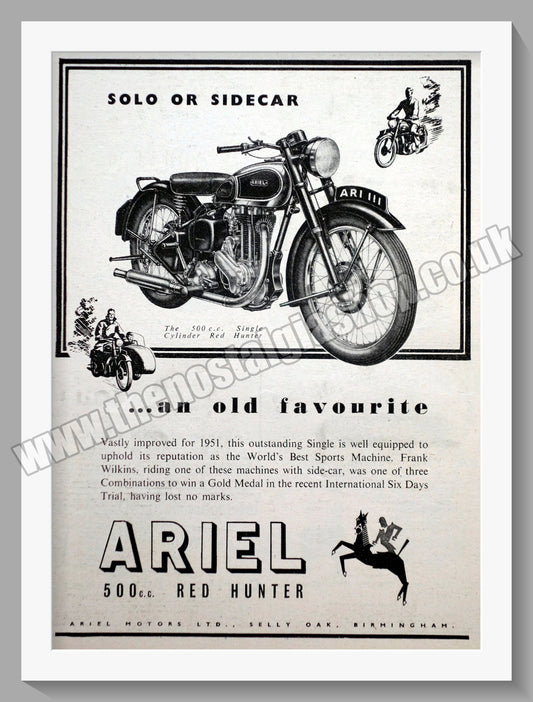 Ariel 500cc Red Hunter Motorcycles. Original Advert 1950 (ref AD60568)