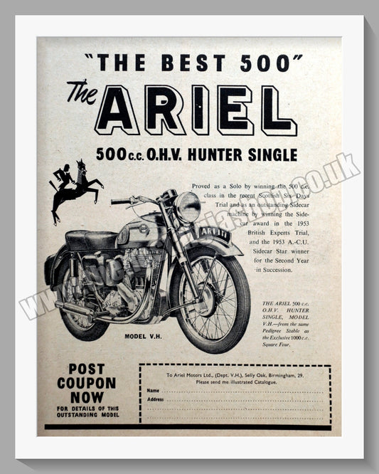 Ariel 500cc Red Hunter Motorcycles. Original Advert 1954 (ref AD60584)