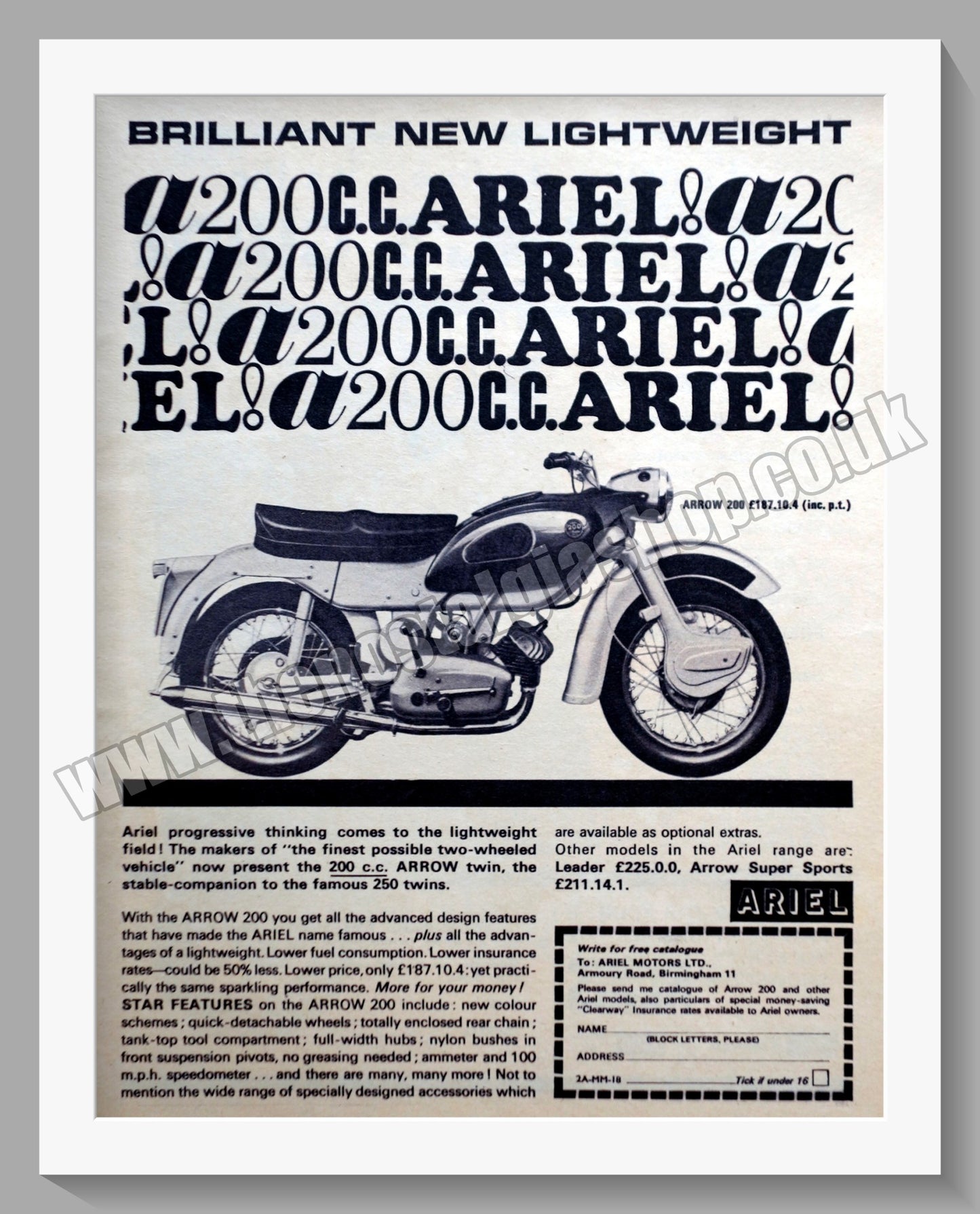 Ariel Arrow Motorcycles. Original Advert 1964 (ref AD60634)