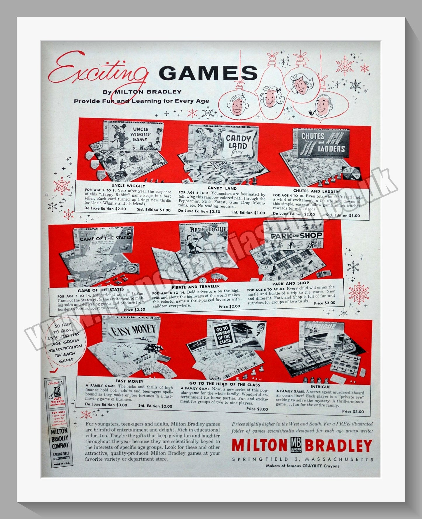 Milton Bradley Board Games. Original Advert 1956 (ref AD300862)