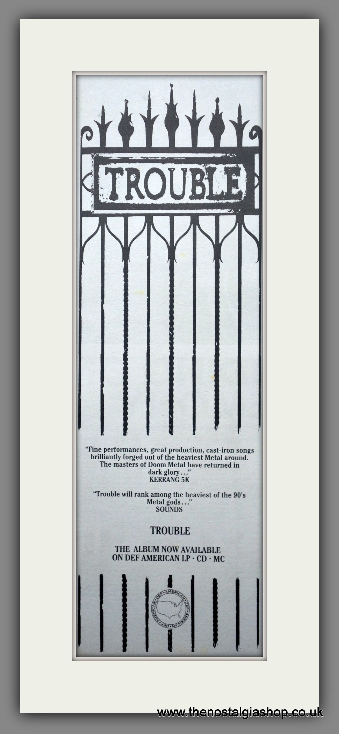 Trouble. Self Titled. Vintage Original Advert 1990  (ref AD200346)