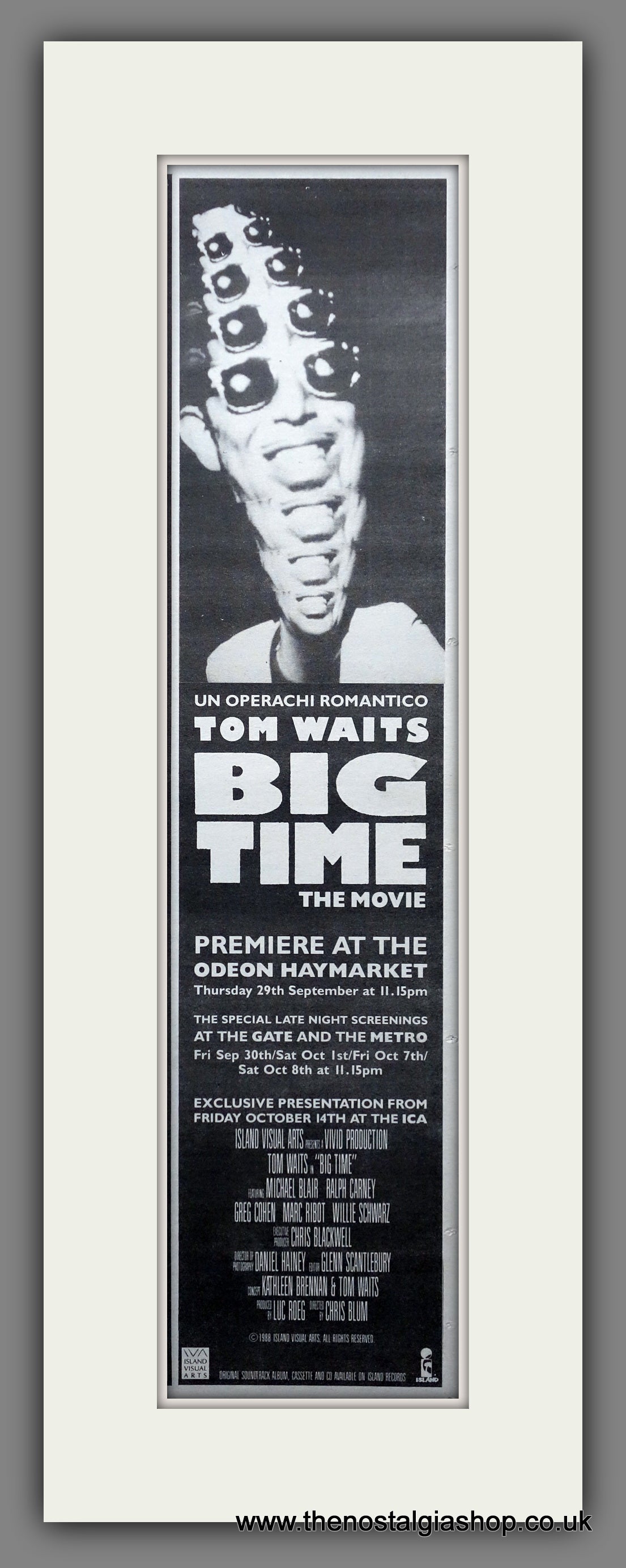 Tom Waits. Big Time, The Movie. Vintage Original Advert 1988  (ref AD200390)