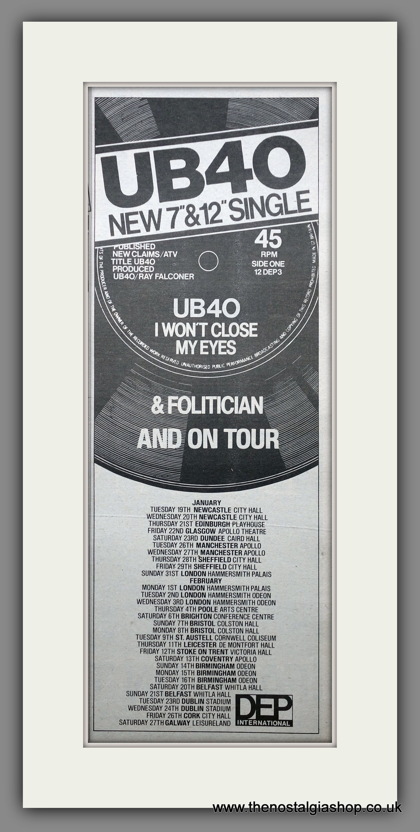 UB40 I Won't Close My Eyes. UK Tour. Vintage Original Advert 1982  (ref AD200399)