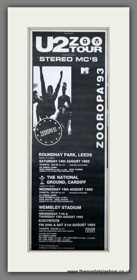 U2 Zoo Tour with Stereo MC's. Vintage Original Advert 1993  (ref AD200404)