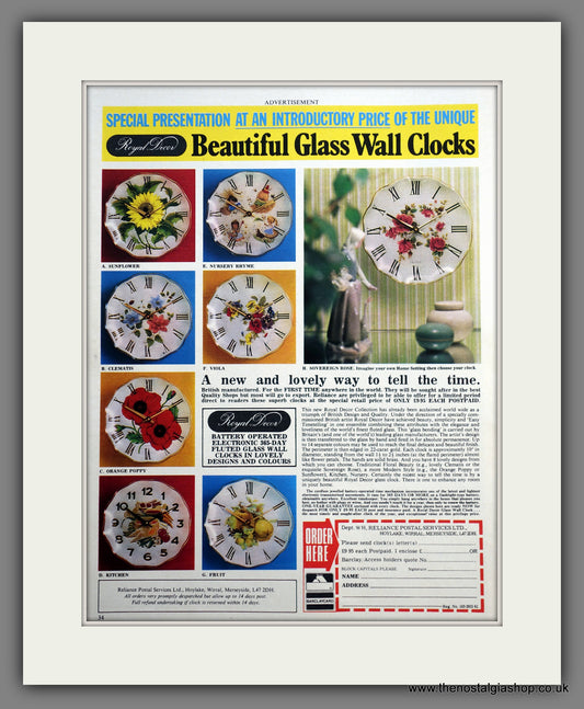 Royal Decor Wall Clocks. Original Advert 1977 (ref AD301255)