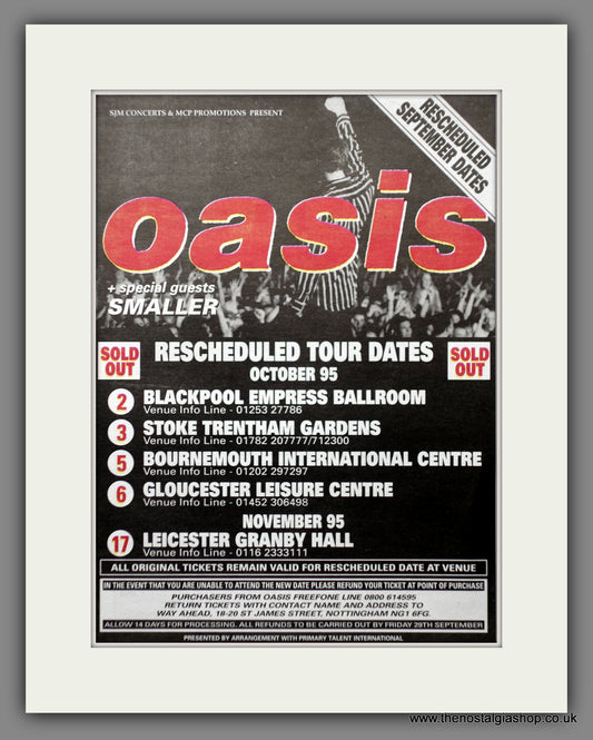 Oasis. Rescheduled UK Tour 1995. Vintage Advert 1995 (ref AD60911)