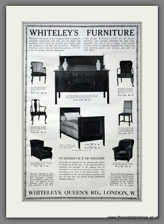 Whiteley's Furniture. Large Original Advert 1912 (ref AD15417)