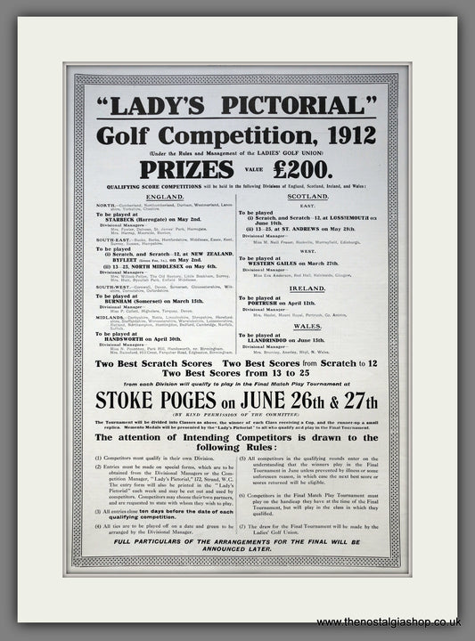 Lady's Pictorial Golf Competition. Large Original Advert 1912 (ref AD15428)
