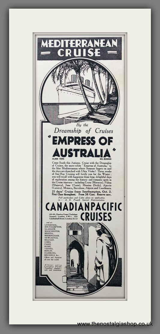 Empress Of Australia. Mediterranean Cruise. Large Original Advert 1931 (ref AD200578)