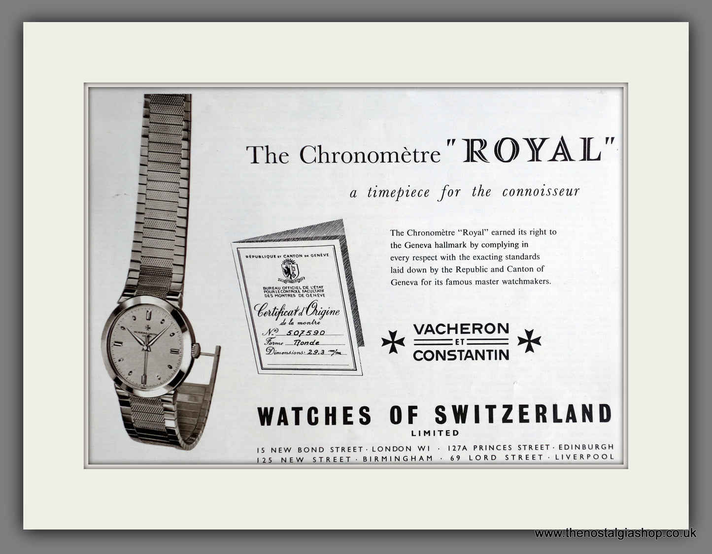 Vacheron Et Constantin Watches. Original Advert 1958 (ref AD60889)
