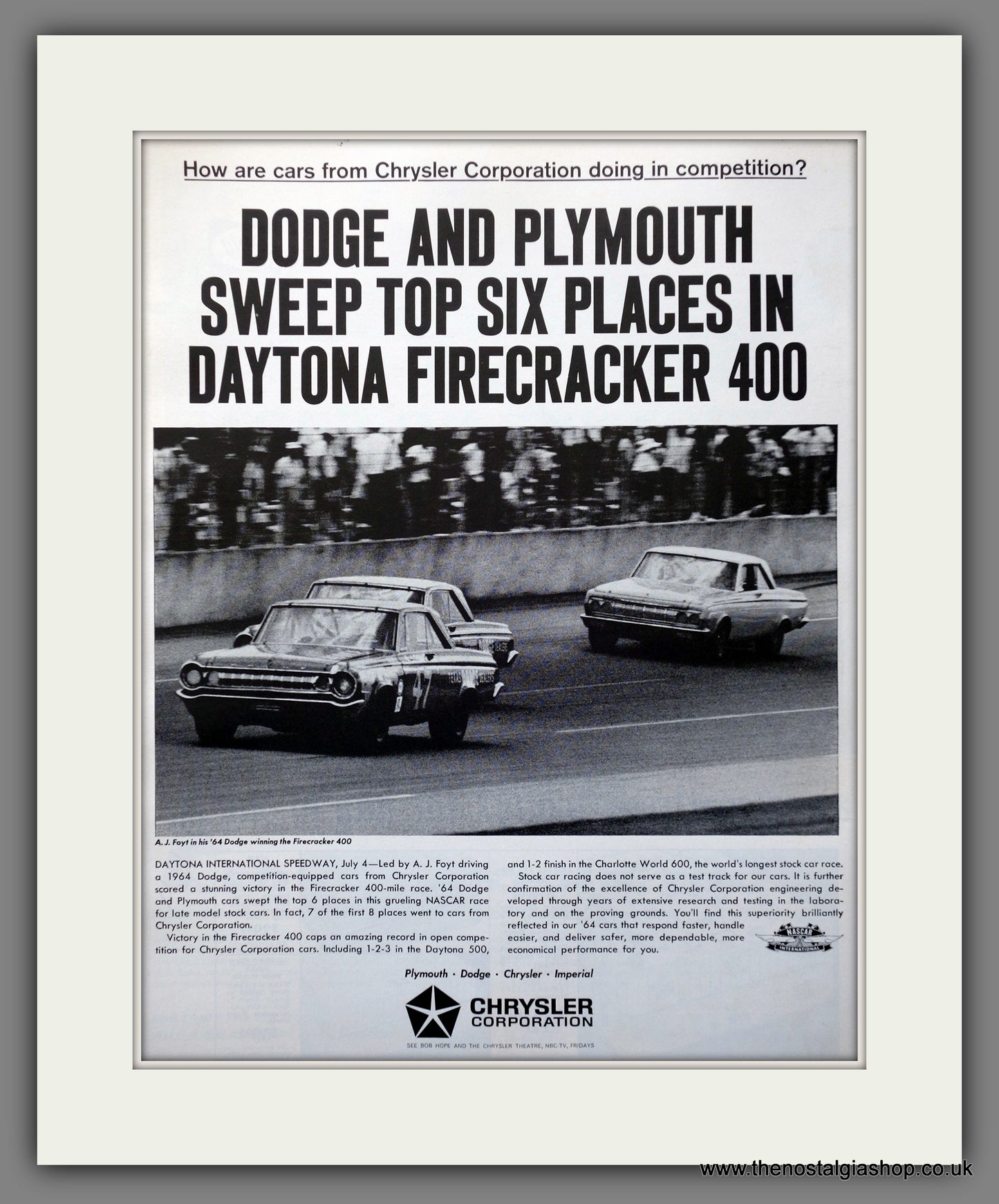 Dodge and Plymouth win Daytona. Original American Advert 1964 (ref AD301308)