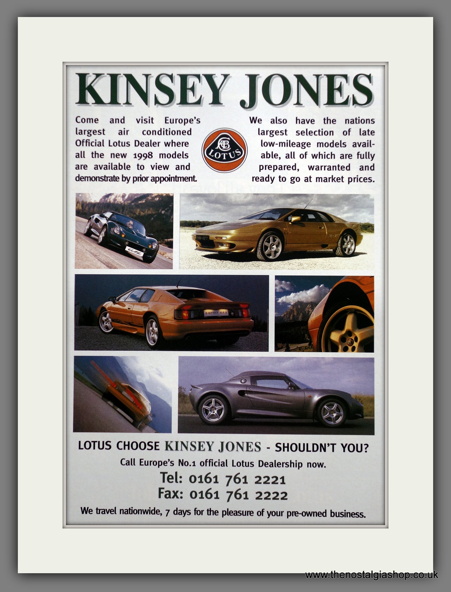 Lotus Dealers Kinsey Jones. 1998 Original Advert (ref AD61061)