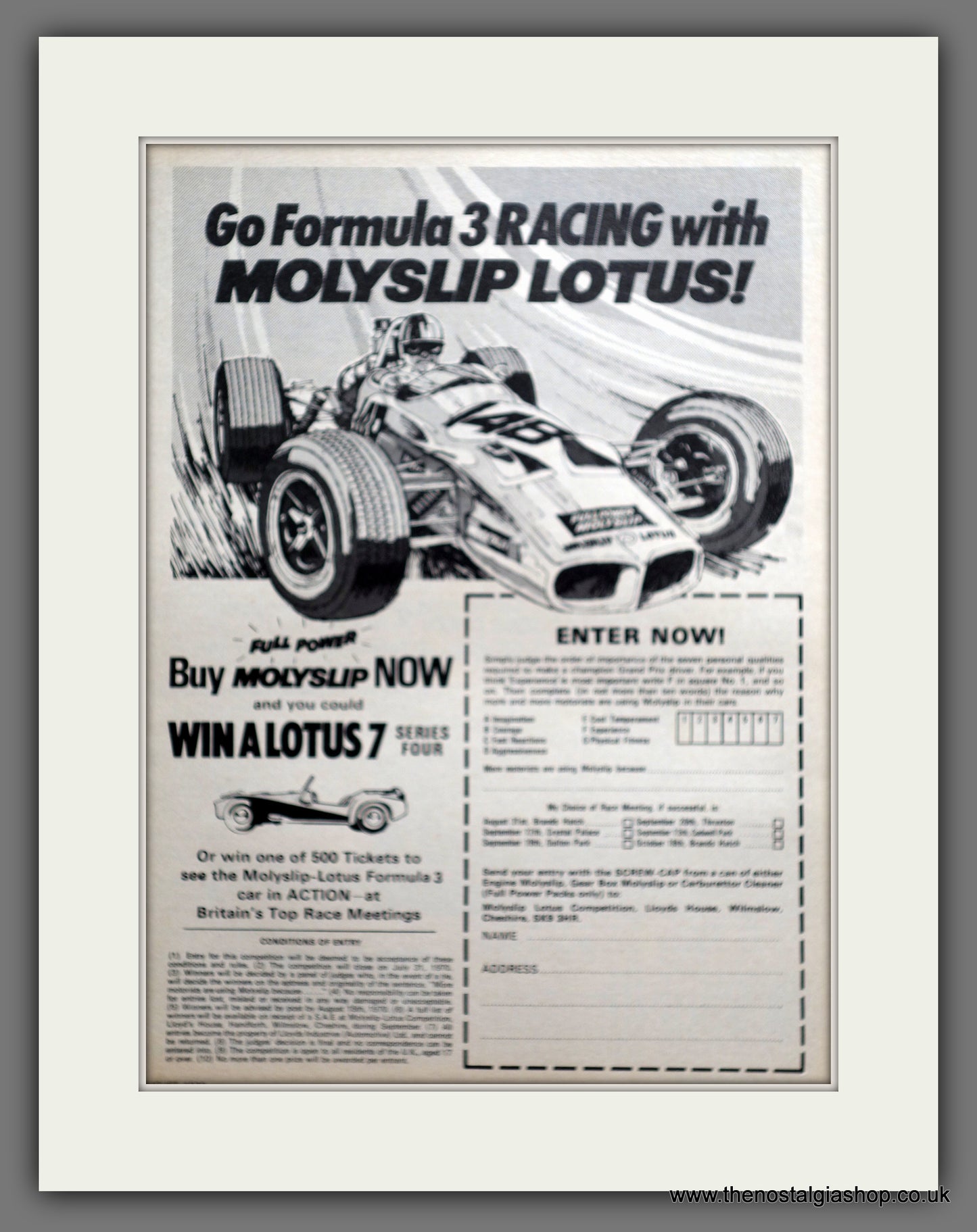 Lotus Formula 3 Racing Molyslip. 1970 Original Advert (ref AD61131)