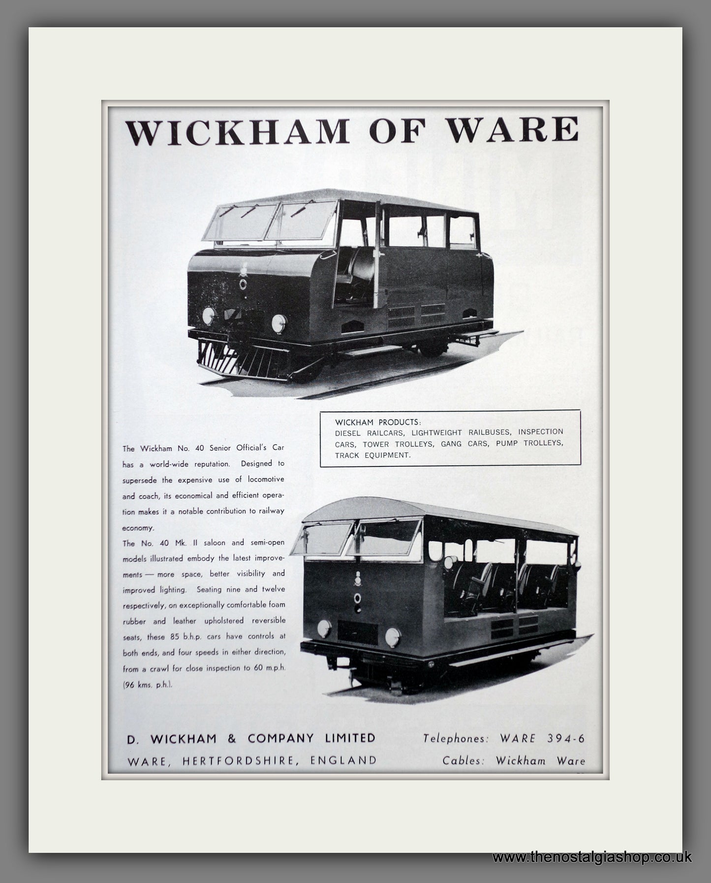 Wickham of Ware Railcar. Original Advert 1959 (ref AD61117)