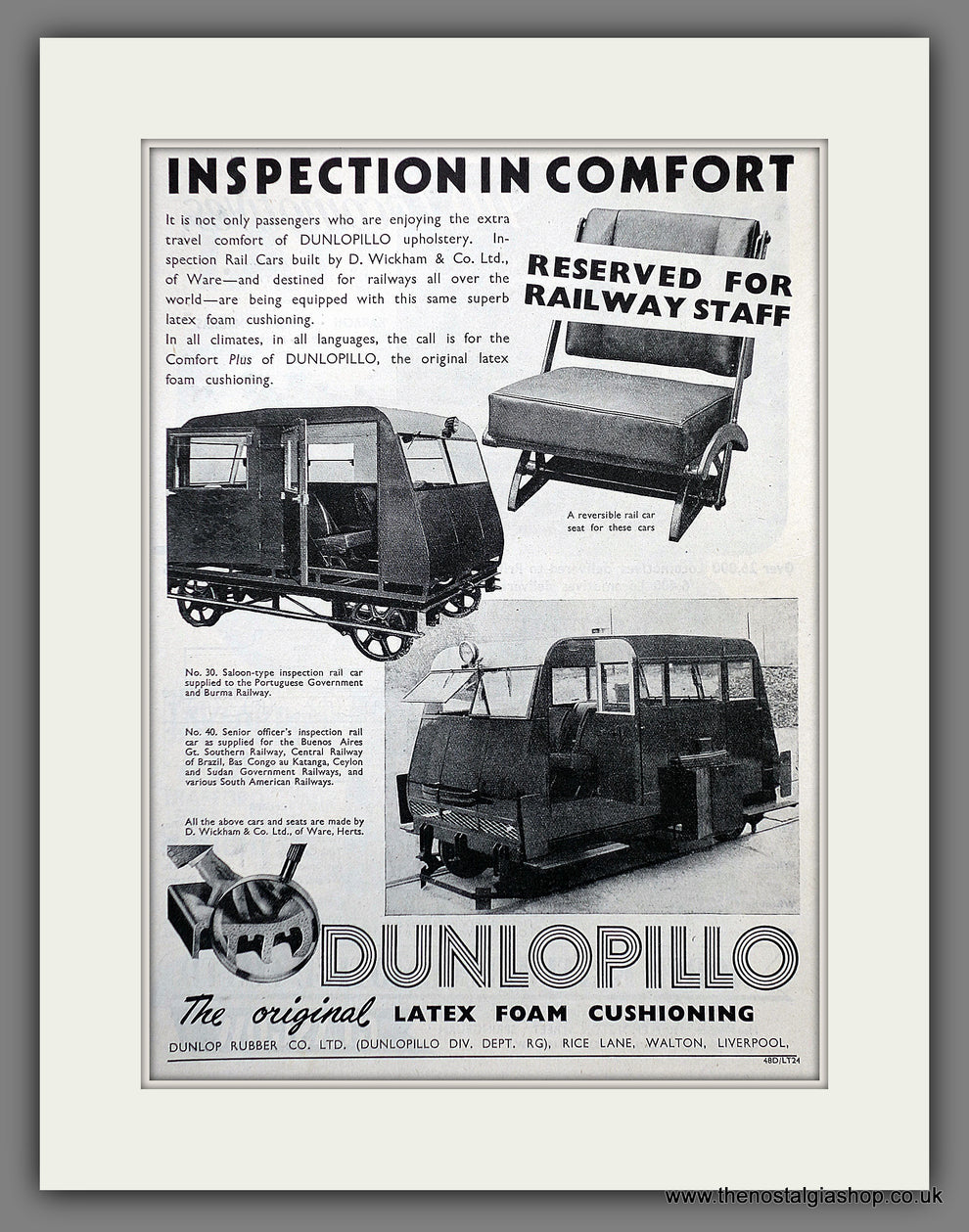 Dunlopillo Railcar Latex foam Cushioning. Original Advert 1948 (ref AD