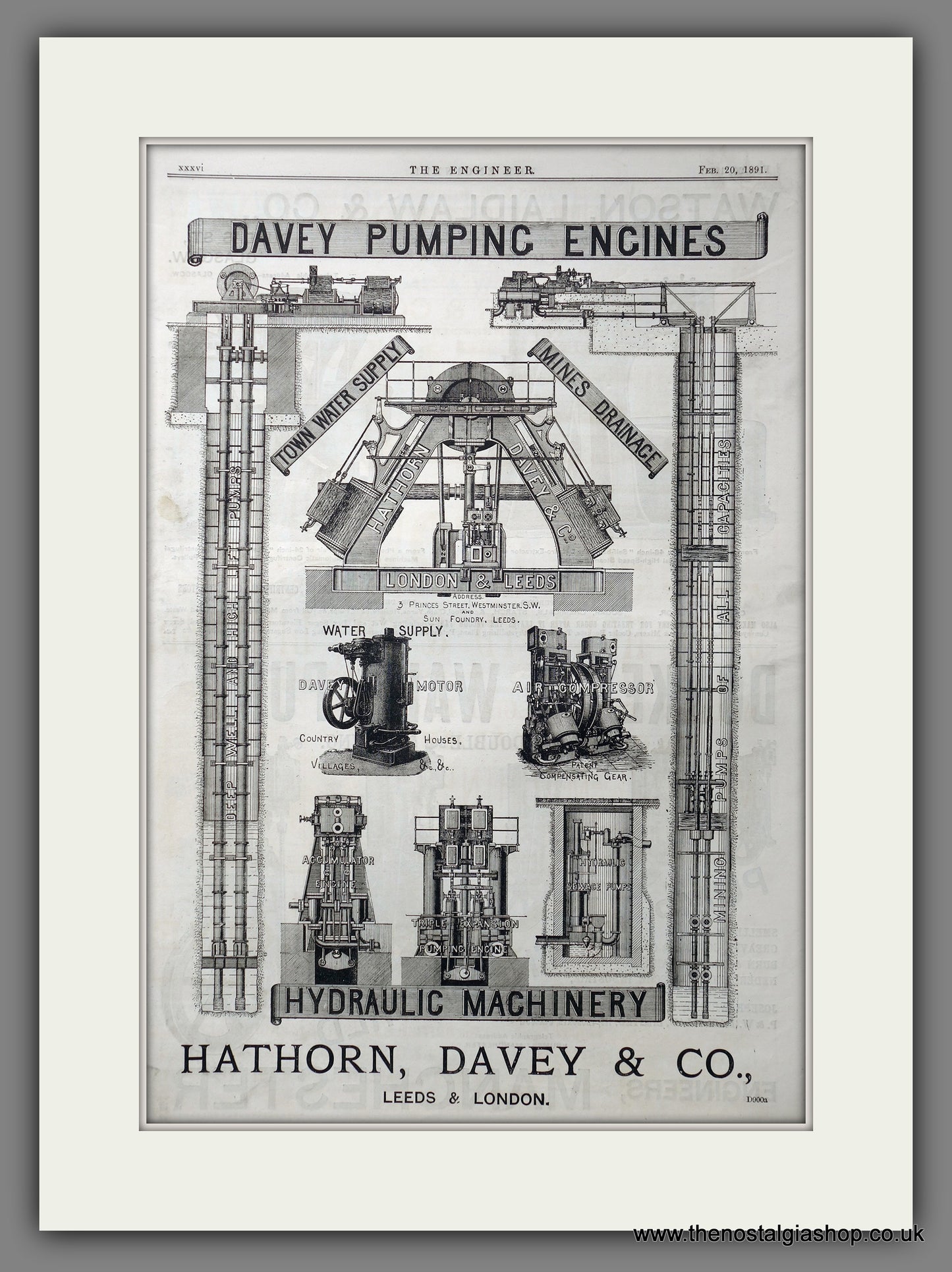 Davey Pumping Engines. Hathorn, Davey & Co. Leeds. Original Advert 1891 (ref AD15581)