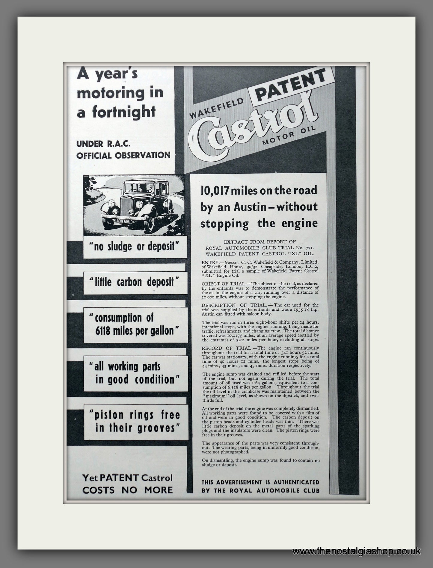 Wakefield Patent Castrol Motor Oil. Original Advert 1935 (ref AD301358)