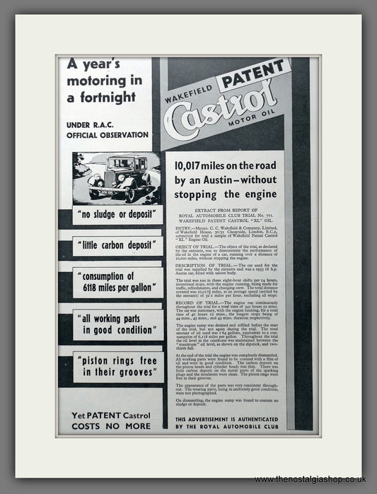 Wakefield Patent Castrol Motor Oil. Original Advert 1935 (ref AD301358)