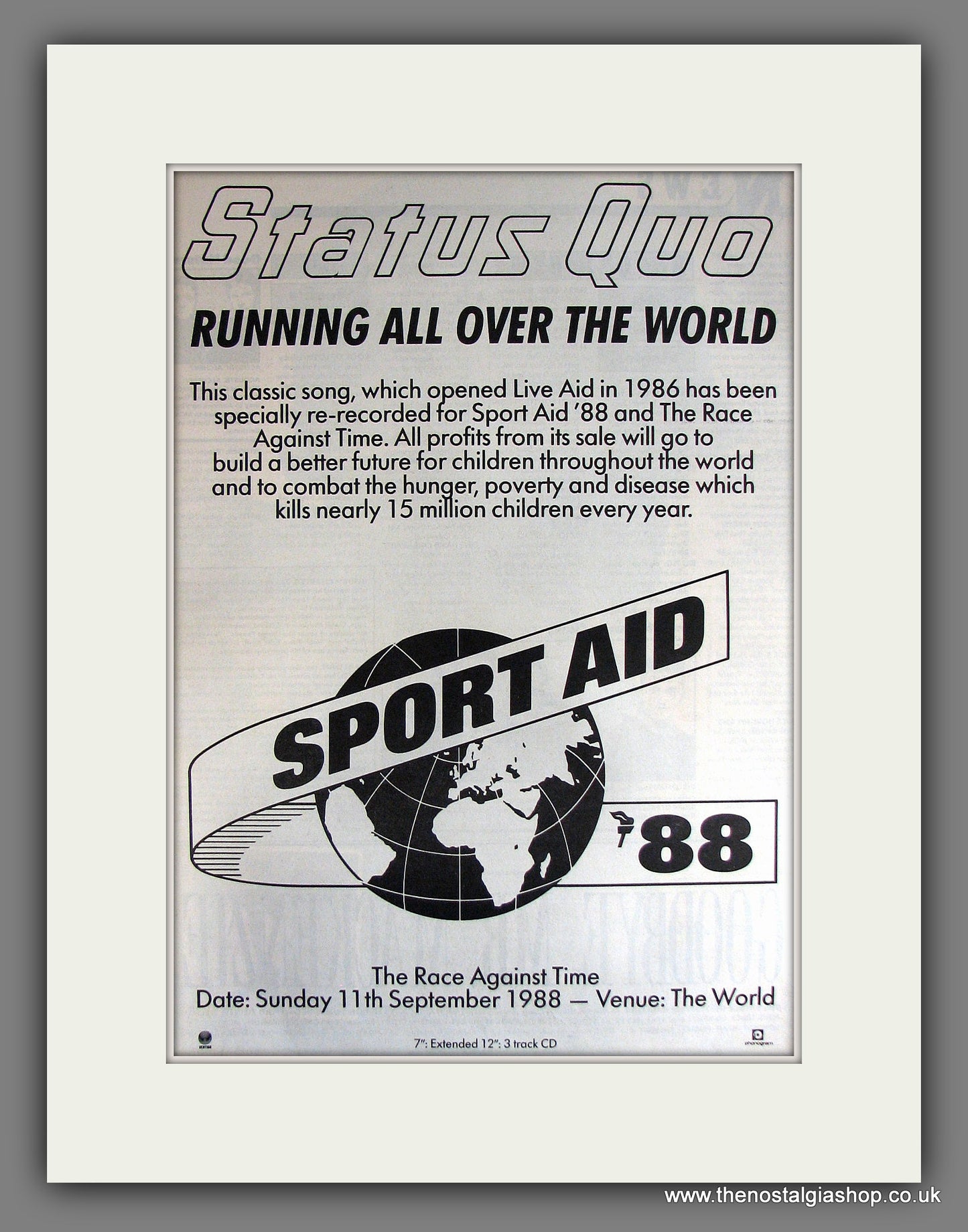 Status Quo. Sport Aid '88. Vintage Advert 1988 (ref AD14128)