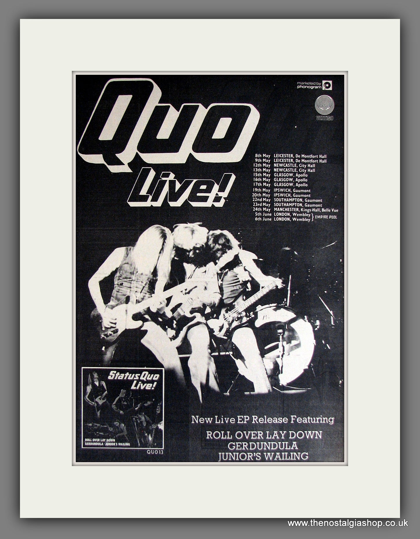 Status Quo. Live! UK Tour. Vintage Advert 1975 (ref AD14132)