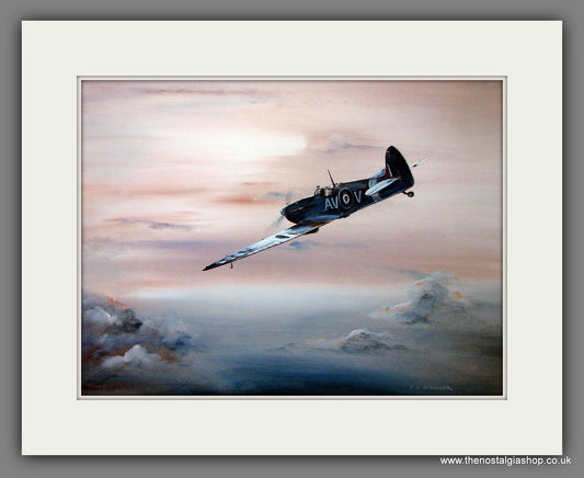 Spitfire Flying Into Dusk. Mounted Aircraft print (ref N11)