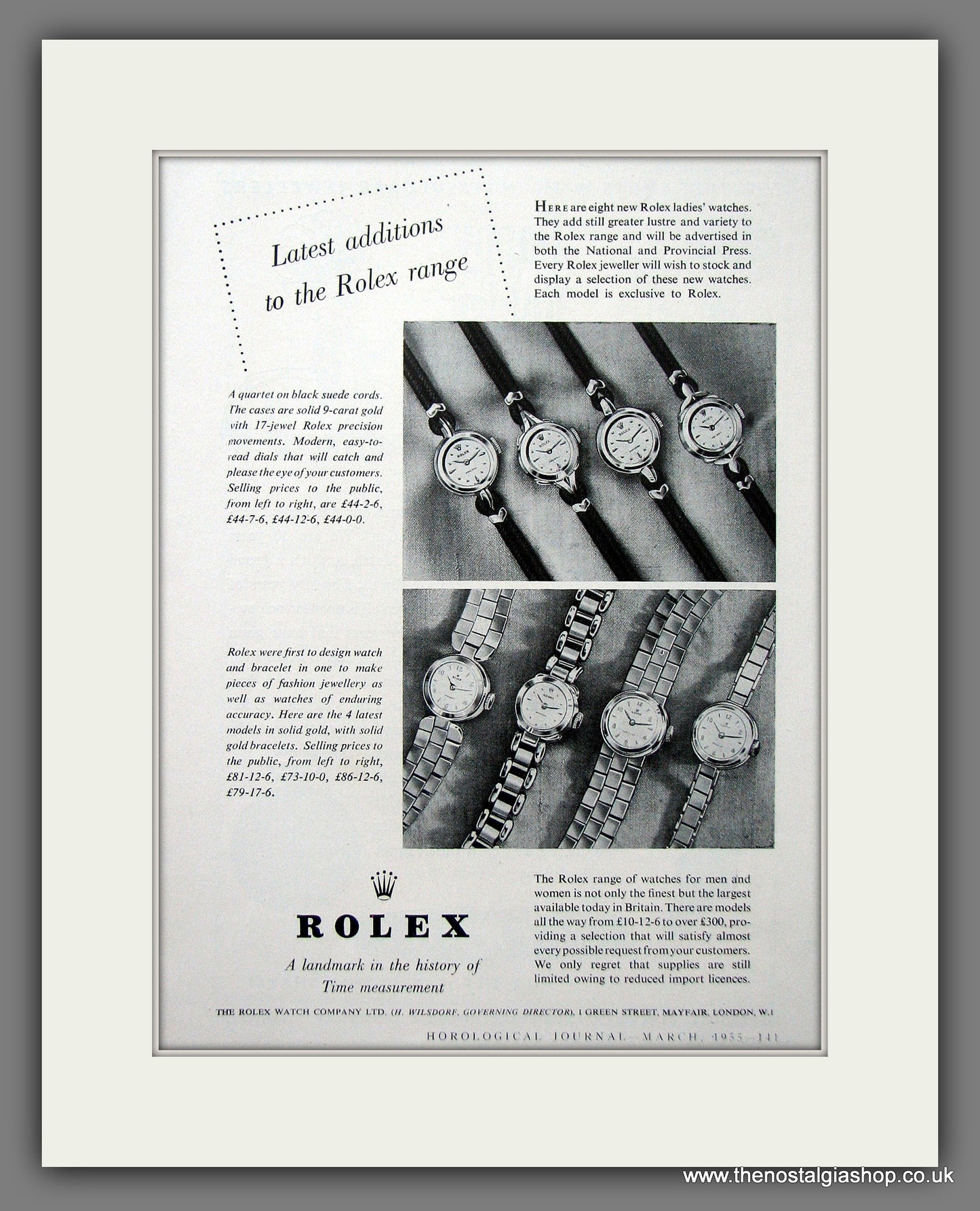 Rolex Ladies Watches. Original Advert 1955 (ref AD56462)