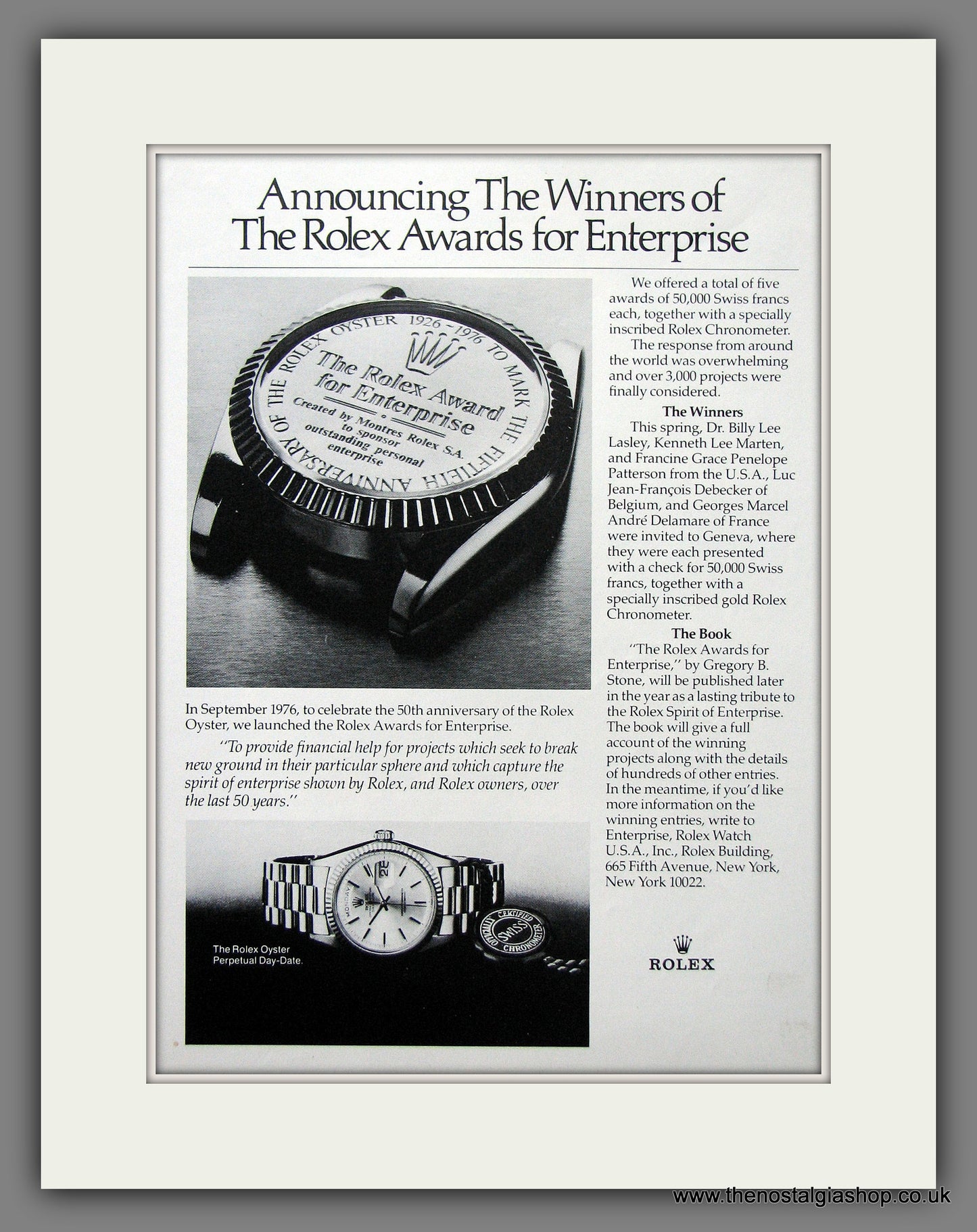 Rolex Award for Enterprise. Original Advert 1978 (ref AD56467)