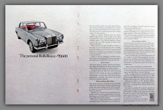 Rolls-Royce Silver Shadow. 1968 Double Original American Advert (ref AD52106)