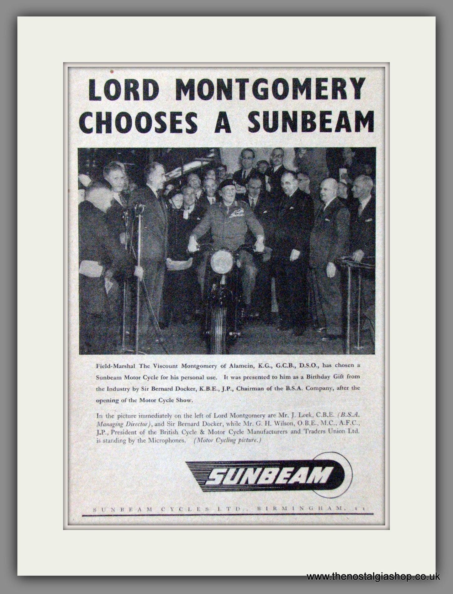 Sunbeam. Lord Montgomery Chooses a Sunbeam Motorcycle. 1948 Original Advert. (ref AD52211)