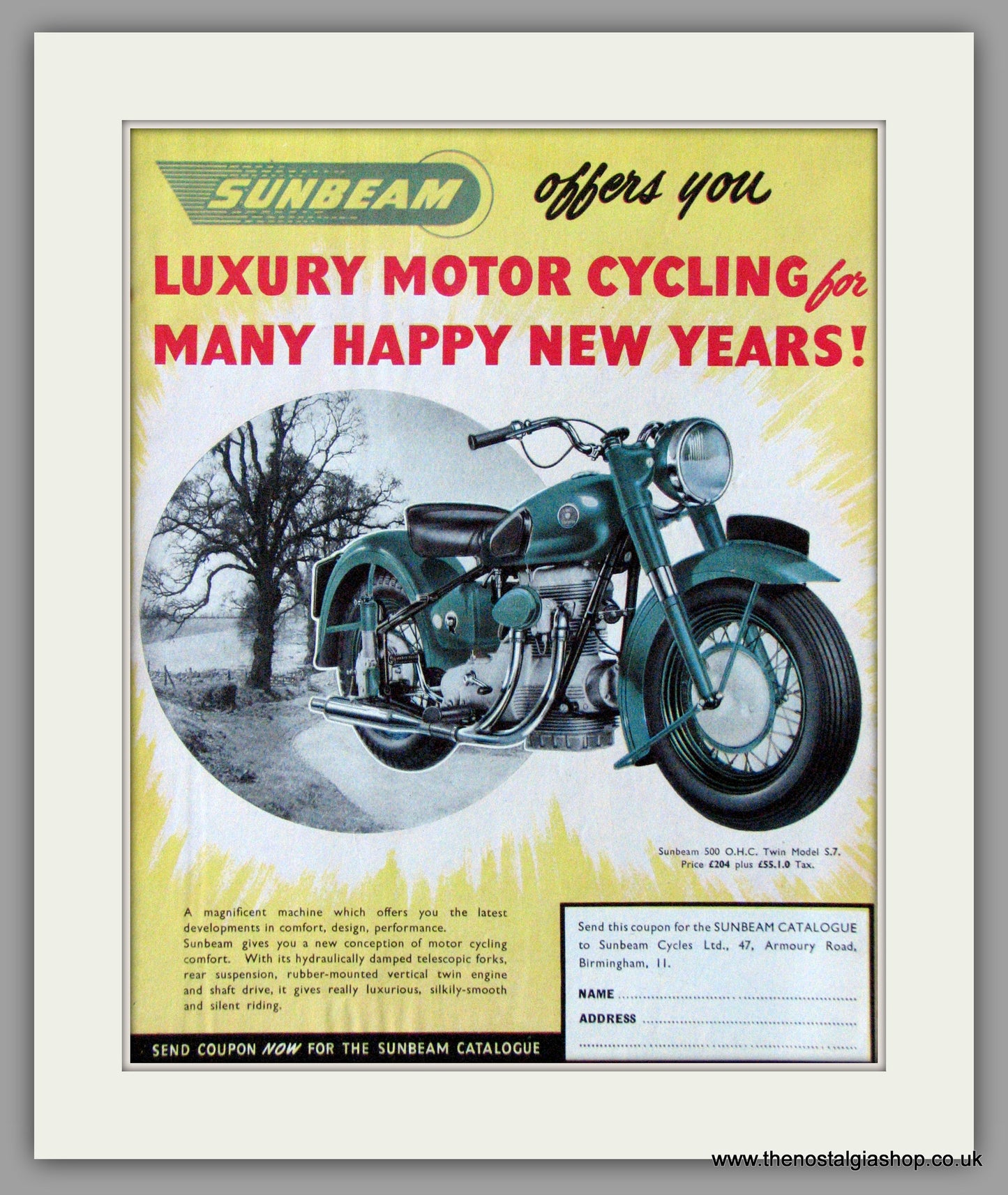 Sunbeam 500 O.H.C. S.7. Motorcycle. 1950 Original Advert. (ref AD52221)