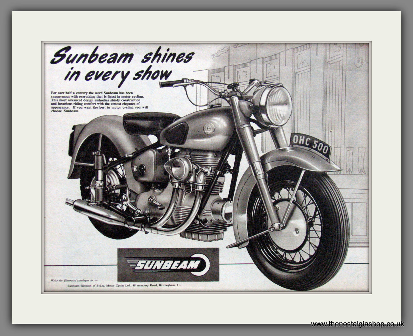 Sunbeam 500 O.H.C. Motorcycle. 1955 Original Advert. (ref AD52230)