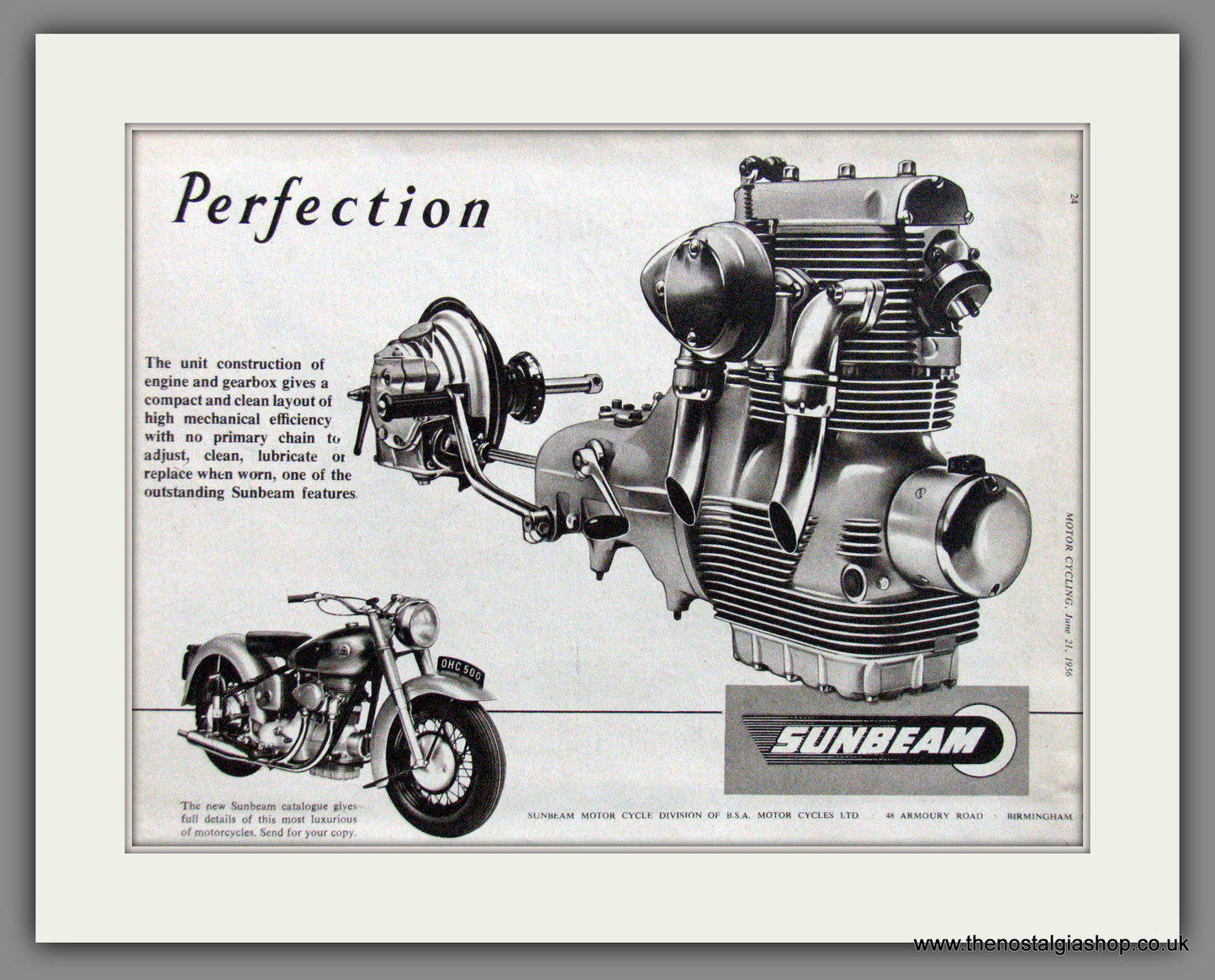 Sunbeam 500 O.H.C. Motorcycle. 1956 Original Advert. (ref AD52231)
