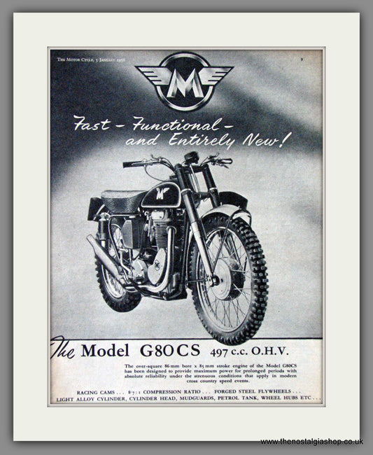 Matchless Clubman Model G80CS Motorcycle. 1956 Original Advert. (ref AD52246)
