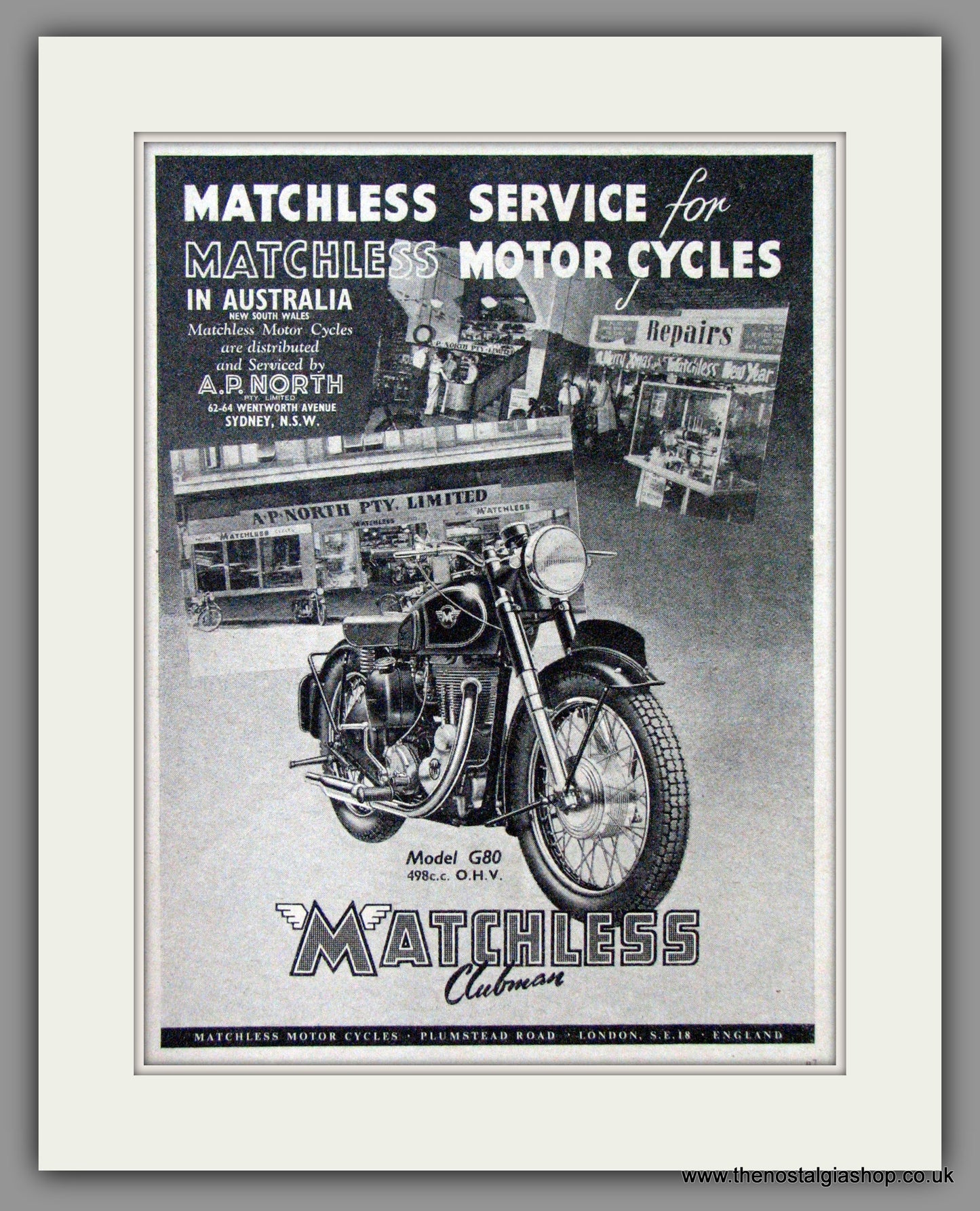 Matchless Motorcycles. Service and Repair in Australia. 1954 Original Advert. (ref AD52248)